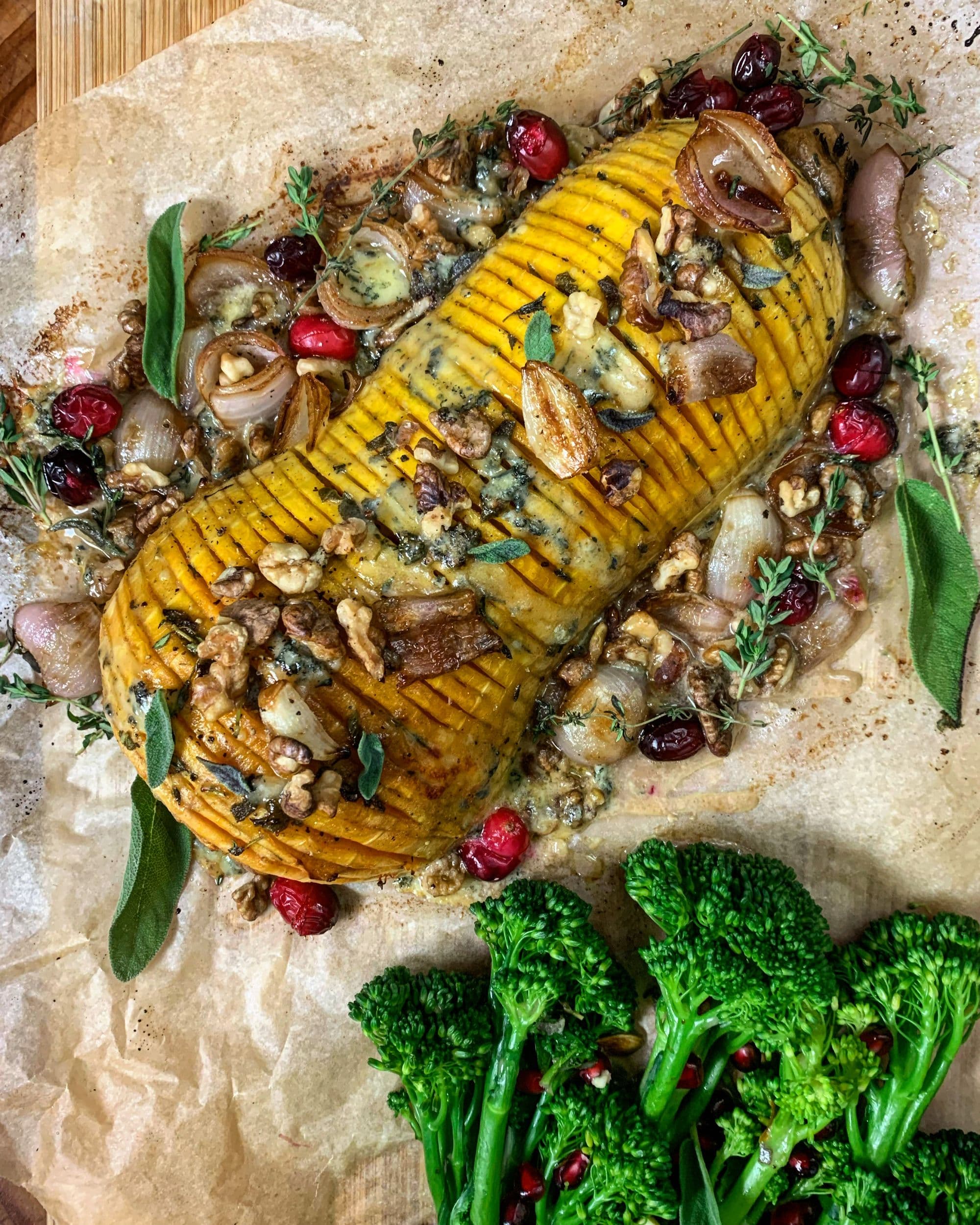 Hassleback Butternut Squash with Blue Cheese, Shallots, and Walnuts