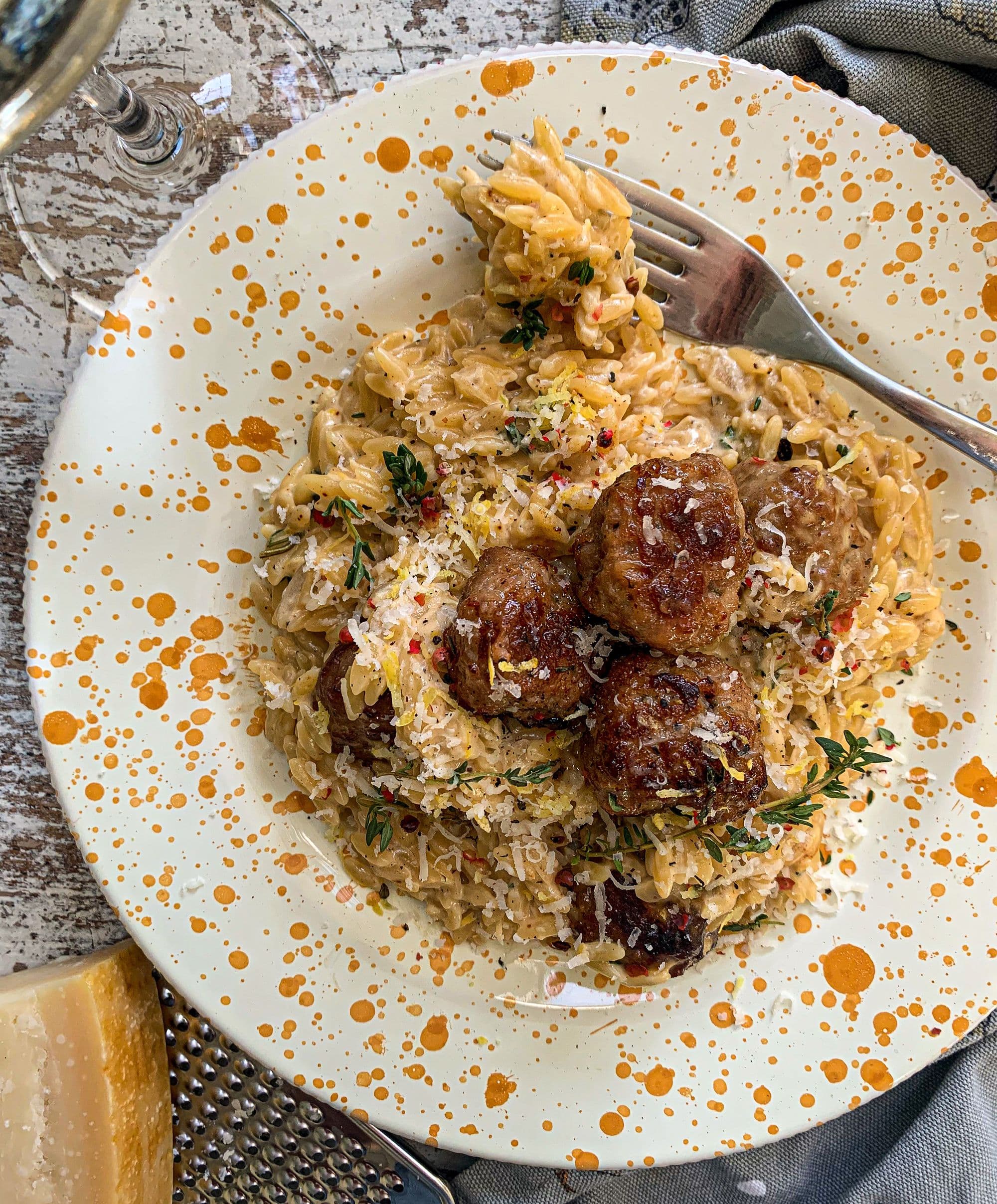 Caramelised Onion Meatballs in Creamy Orzo with Lemon and Thyme