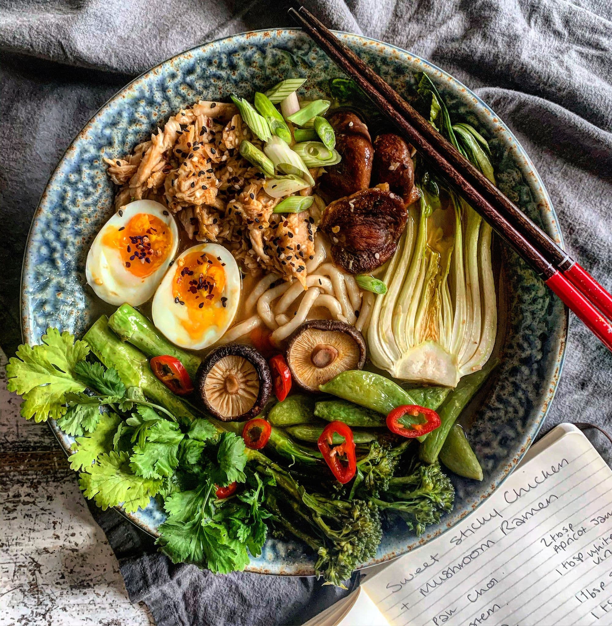 Sweet Sticky Chicken and Shiitake Mushroom Noodle Bowl