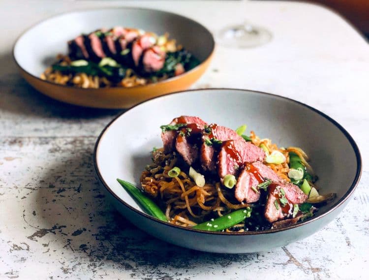 Pan Fried Duck Breast with Crispy Hoisin Noodles