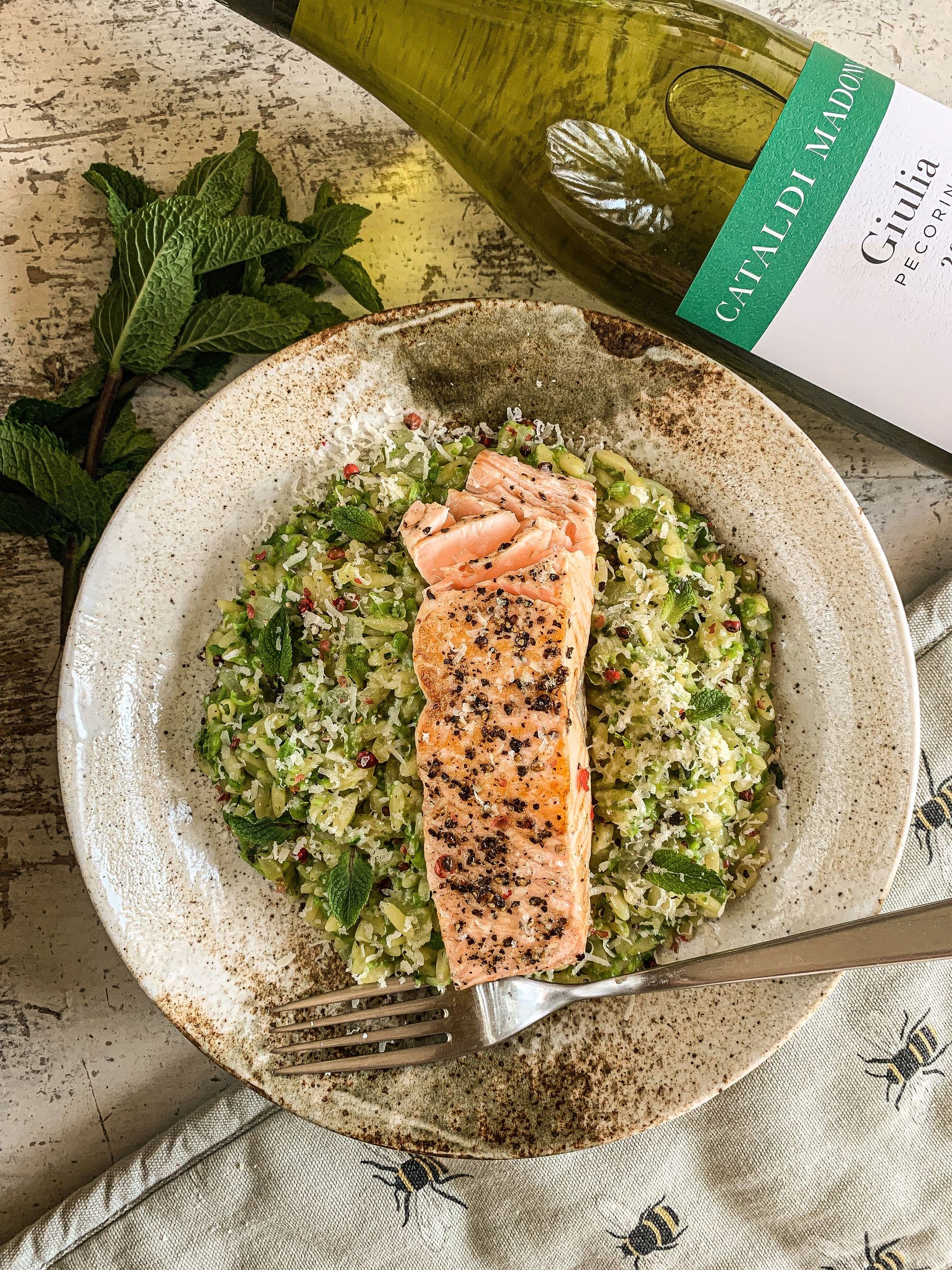 Pea and Mint Orzo with Salt and Pepper Salmon